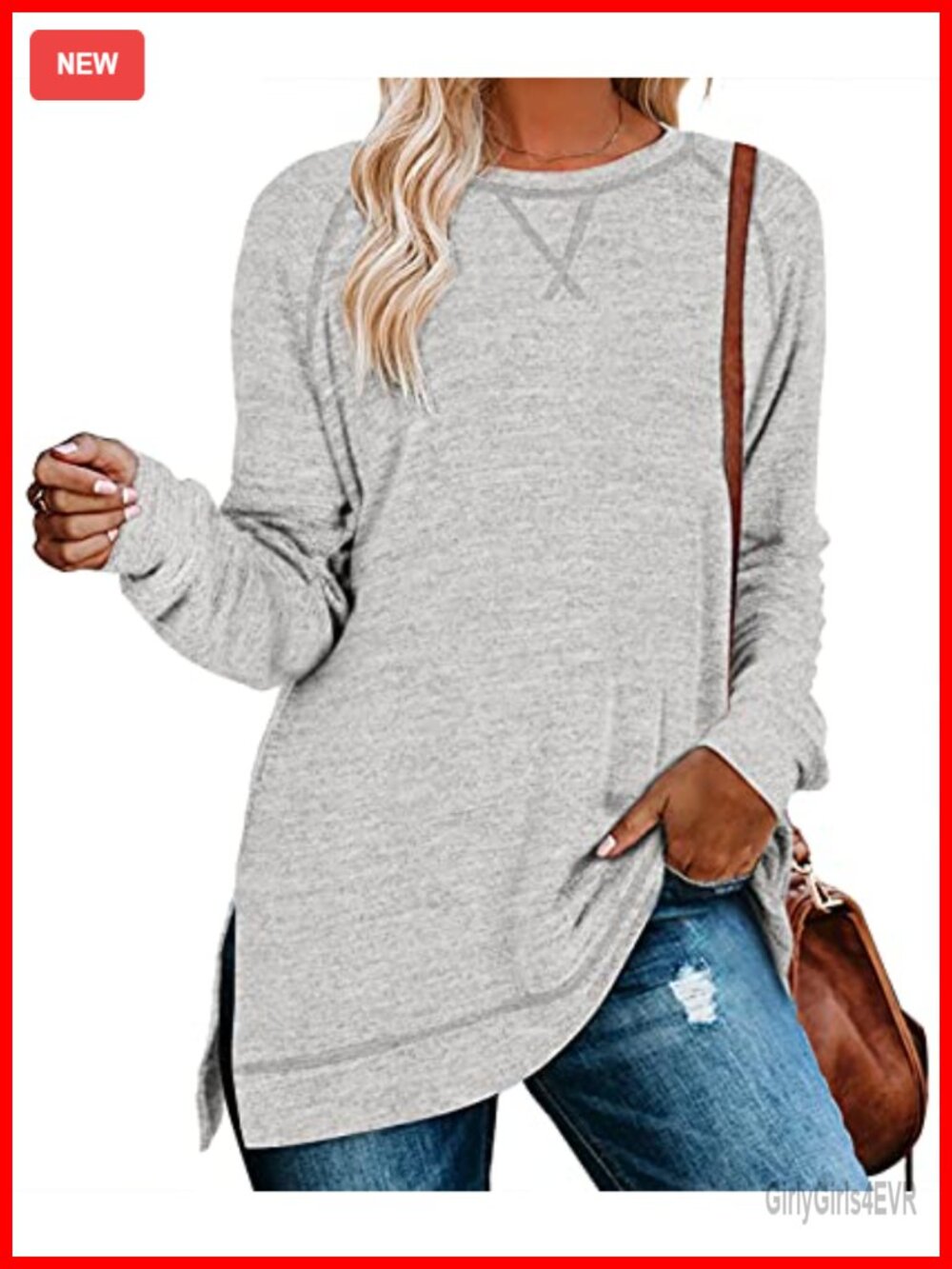 Women's Long Sleeve Tunic Top Loose Fit Crewneck Side Split Pullover